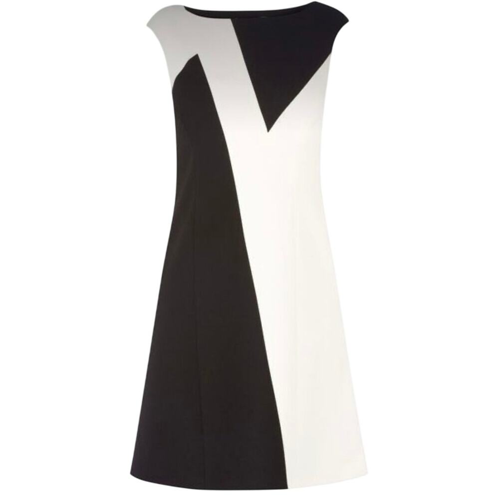 Karen Millen Colorblock Minimalist Sheath Dress Black White Cap Sleeve Size 8